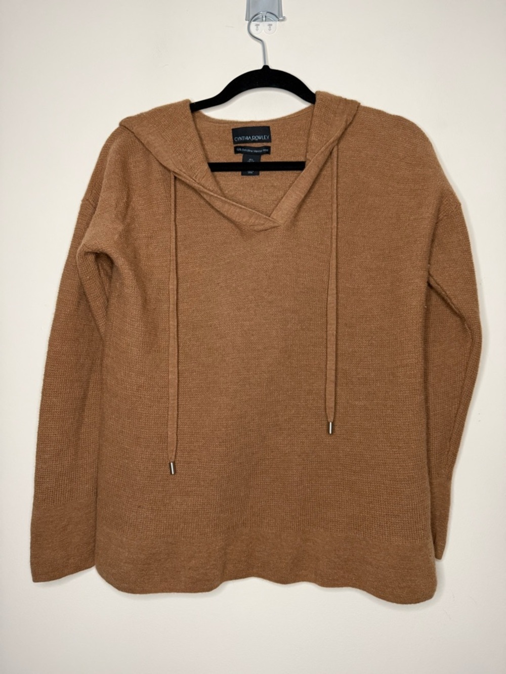 CYNTHIA ROWLEY 100% Extra Fine Merino Wool Textured Knit Lightweight Tan Hoodie